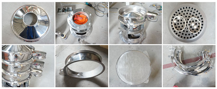 不銹鋼振動(dòng)篩結(jié)構(gòu)展示:防塵蓋,出料口,閘門,篩網(wǎng)于彈跳球,底座,振動(dòng)彈簧等。